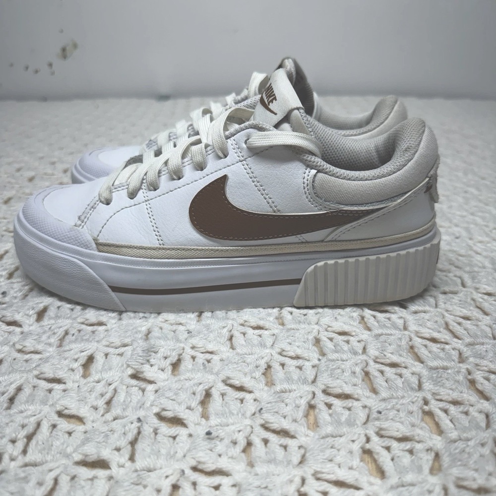 Nike Women's White Sneakers with Taupe Swoosh and Cream Accents